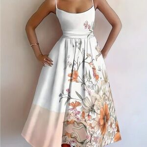 Floral White and Orange Midi Dress